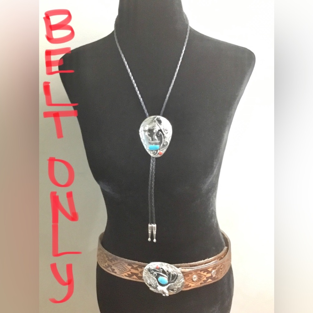 Vintage Unisex Eagle Turquoise and Coral Buckle and Leather Belt